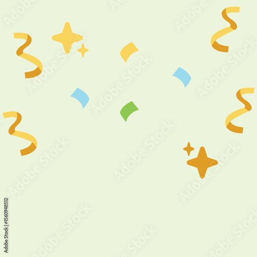 Colorful confetti flat illustration with spiral ribbons, stars and pastel green background. Perfect for party themes, greetings, invitations or design decorative elements.