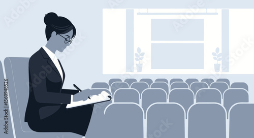 Businesswoman Taking Notes In Empty Auditorium Before Presentation Conference