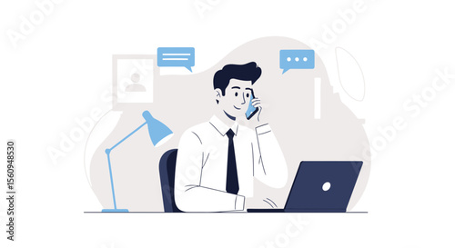 Busy Professional Manages Business from Home Office with Phone and Laptop