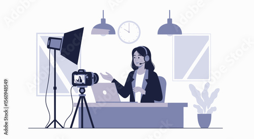 Female Vlogger Creating Content In a Studio Environment with Camera and Lighting