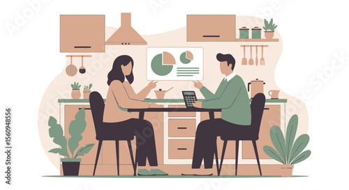 Conceptual Illustration Of Financial Meeting At Home With Data Analysis And Pie Charts