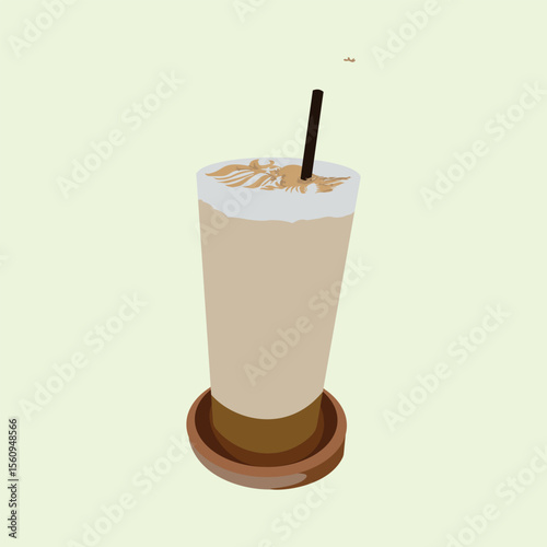 Minimalist flat illustration of an iced latte in a tall glass with a chocolate saucer, straw and detailed latte art on top, perfect for coffee themed branding or digital design projects.