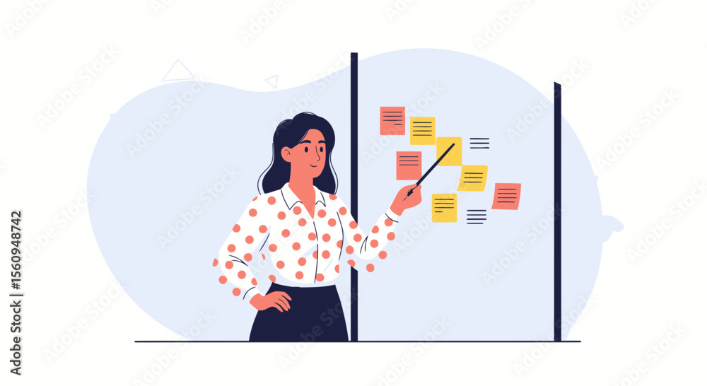 Businesswoman Explaining Strategy Using Sticky Notes On A Presentation Whiteboard Businesswoman Explaining Strategy Using Sticky Notes On A Presentation Whiteboard