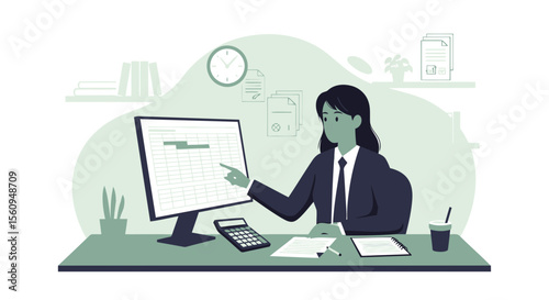 Businesswoman Analyzing Spreadsheet Data On Computer Screen In Office Setup