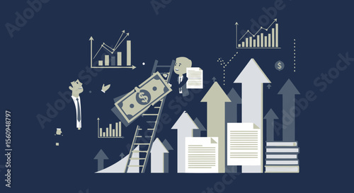Financial Ascent Businessmen Climbing Ladder With Money And Growth Charts Symbols