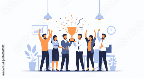 Celebrating Business Success Team Achievement With Award In Modern Office