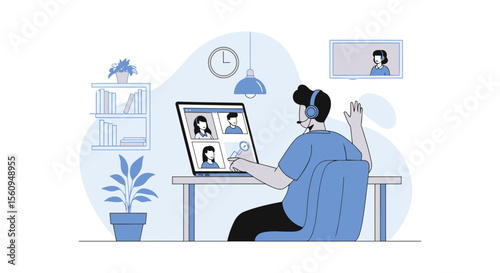 Connecting Remotely Man Engages Video Call Minimalist Workspace For Collaboration