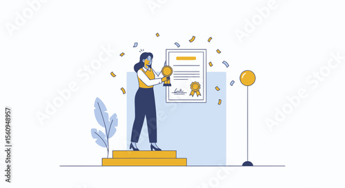 Celebrating Success Achieving Goals Woman Holds Trophy and Diploma Illustration