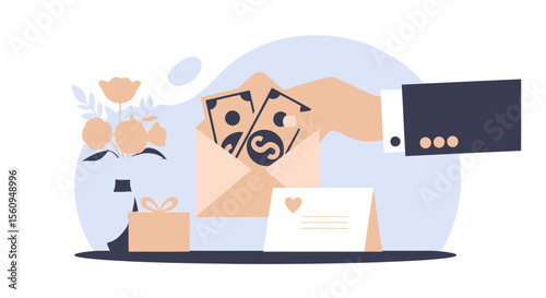 Giving Financial Gift On Valentine's Day With Card And Flower Bouquet