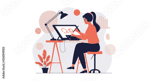 Creative Woman Artist Working On Her Digital Art At Desk In Home Studio