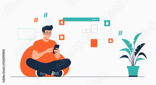 Connected Lifestyle Man Using Smartphone Sitting In A Beanbag With Notifications