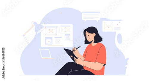 Creative Woman Designing Digital Layouts At Home In Comfortable Minimalist Workspace