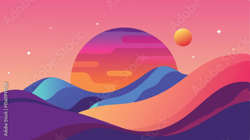 Abstract gradient landscape illustration with mountainous terrain and celestial elements