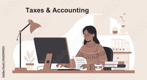 Illustrative Tax Season Woman Accountant Working From Home With Workspace