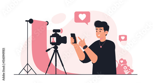 Influencer Creates Engaging Content With Camera And Mobile Phone In Studio Setting