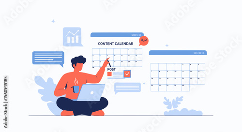 Content Creator Planning Content Calendar With Laptop For Marketing Campaign