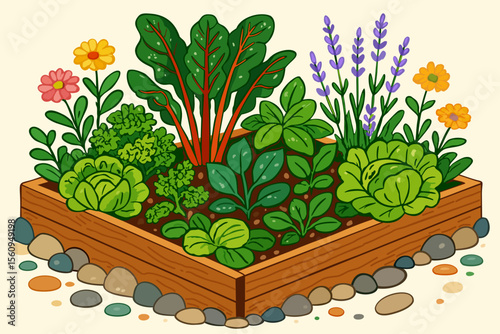 Small vegetable garden. Green leafy vegetables, herbs and colorful blooming flowers surrounded with  textured stones and wooden planks. Vector isolated illustration