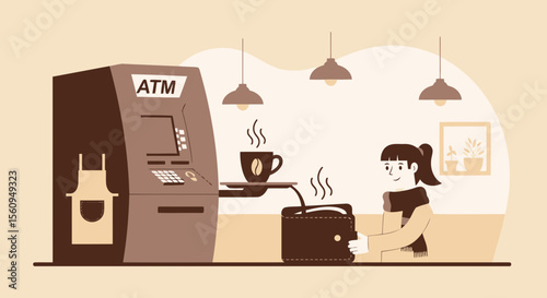 Cozy Cafe Concept With Atm Machine And Hot Beverage Serving Robotic System