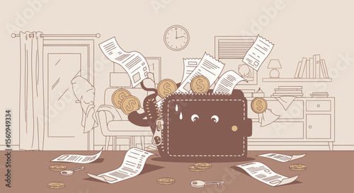 Overwhelmed Wallet Cartoon Depicting Financial Stress And Economic Burden In Living Room