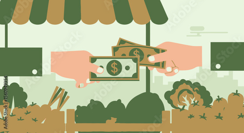 Local Market Transaction With Cash For Fresh Produce In The Open Air Stand