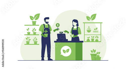 Eco Friendly Business Transaction Between Customer And Shopkeeper At Garden Center