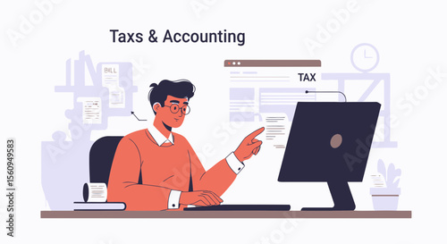 Man Analyzing Taxes And Accounting Information On A Computer Screen