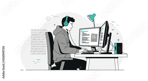 Dedicated Coder Working Diligently At A Desk With Dual Monitors Setup