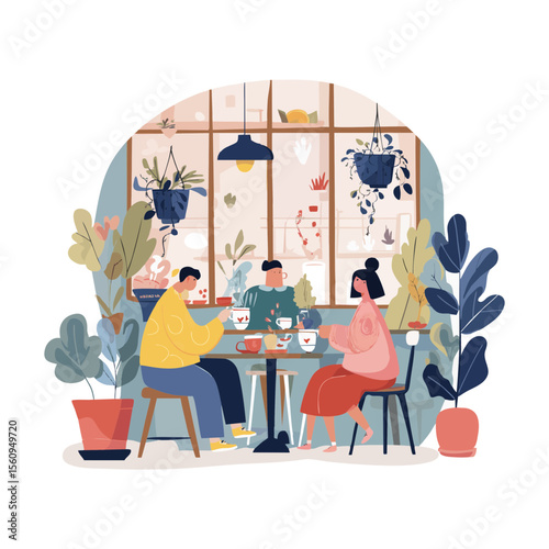 Multiracial friends drinking coffee in modern botanical cafe with pastel decor, indoor plants, and warm lights — flat colorful vector SVG on transparent background for lifestyle blogs or cafe branding