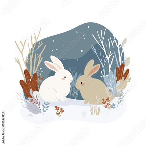 Two cute rabbits in white and beige fur sitting among snowy bushes in calm winter forest — pastel animal flat vector SVG on transparent background for nature apps or holiday designs