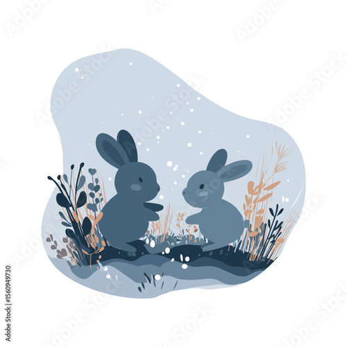 Two blue rabbits playing in snowy meadow with minimal foliage — dark tone winter vector SVG on transparent background for children’s books, winter branding, or peaceful animal designs