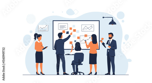 Diverse Team Collaborating On Project With Sticky Notes On Whiteboard In The Office