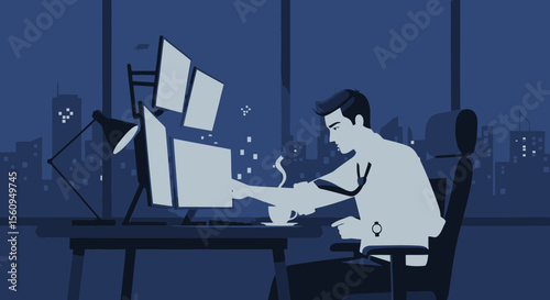 Dedicated Professional Analyzing Data Working Late Night Overtime in Office