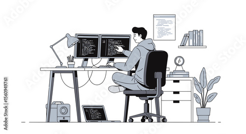 Dedicated Coder Working Passionately With Dual Monitors In Comfortable Home Office
