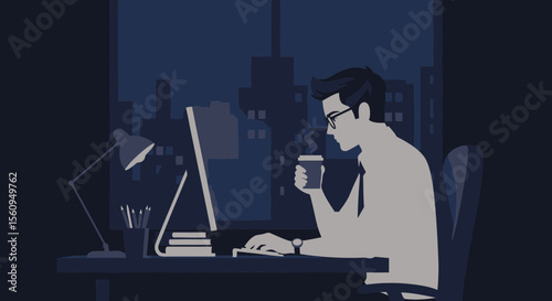 Dedicated Professional Working Late Hours With Coffee In Urban Environment