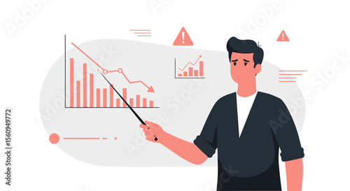 Man Presenting Downward Business Graph Data Report With Worried Expression