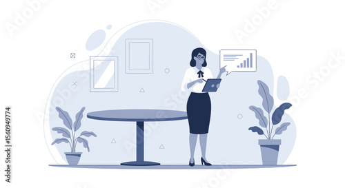 Woman Analyzing Business Data With Tablet In Modern Office Illustration