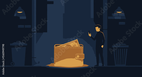 Digital Payments and Lost Wallet In Dark Alleyway Creates Urban Anxiety