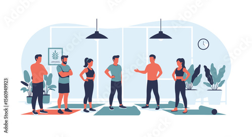 Gym Class Instructor Gives Instructions to a Group of Young Adult Fitness Enthusiasts