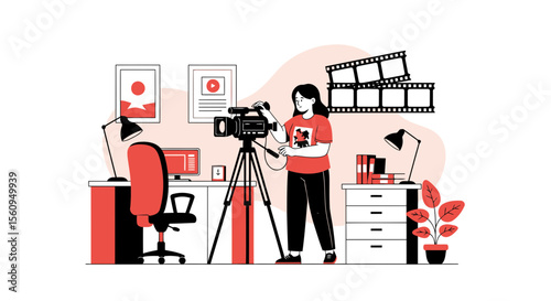 Female Filmmaker Creates Content In Her Home Studio With A Camera And Film Reel