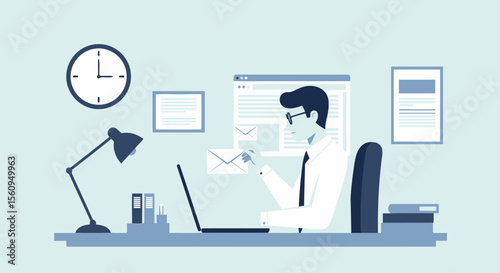 Focused Businessman Working On Computer Sending Email In The Office Workplace