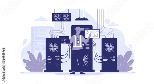 Engineer Working On Data Servers To Optimize Financial Data And Security