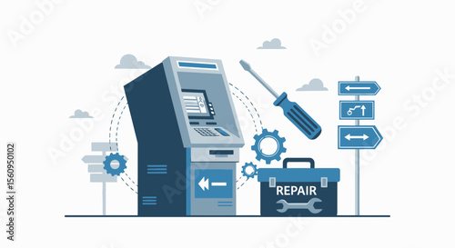 Automated Teller Machine Maintenance Concept Showing Repair Tools and System Gears