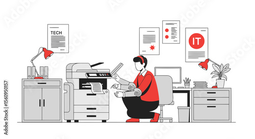 Modern Office Routine Employee Using Photocopy Machine in Workplace Illustration