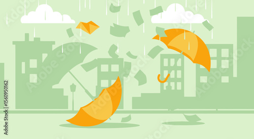 Financial Difficulties Concept Illustration With Falling Money And Umbrellas In The City