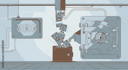 Automated Financial System Depicting Cash Flow From Secure Vault To Wallet