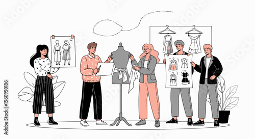 Fashion Designers Collaborating On New Clothing Line In Studio Creative Workplace