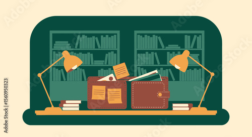 Financial Organization With Bookshelf Background Illustration For Business Budget Management