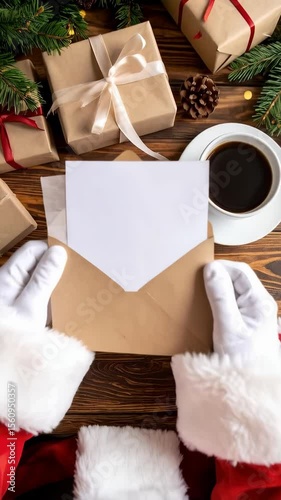 Hands in white gloves open envelope with blank card on a wooden table near Christmas gifts and coffee cup for holiday greeting