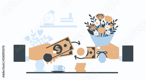 Floral Finance Exchanging Hands Depicts Modern Transaction in Business Scenarios