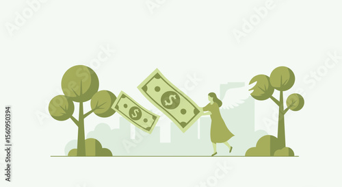 Financial Angel In The City Giving Money For Growth And Prosperity Concept